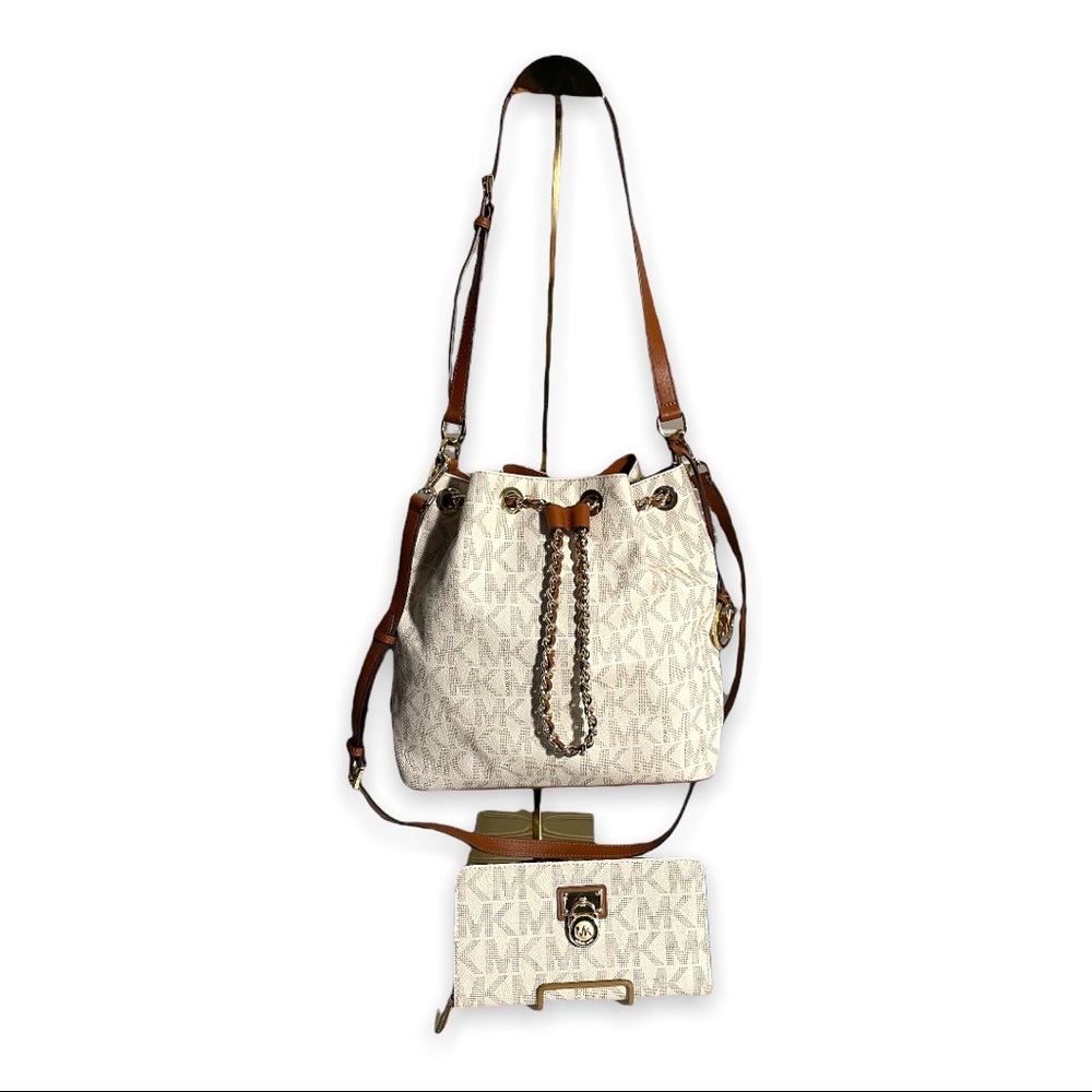 Michael Kors Leather Monogram Frankie Drawstring Purse and Matching Wallet